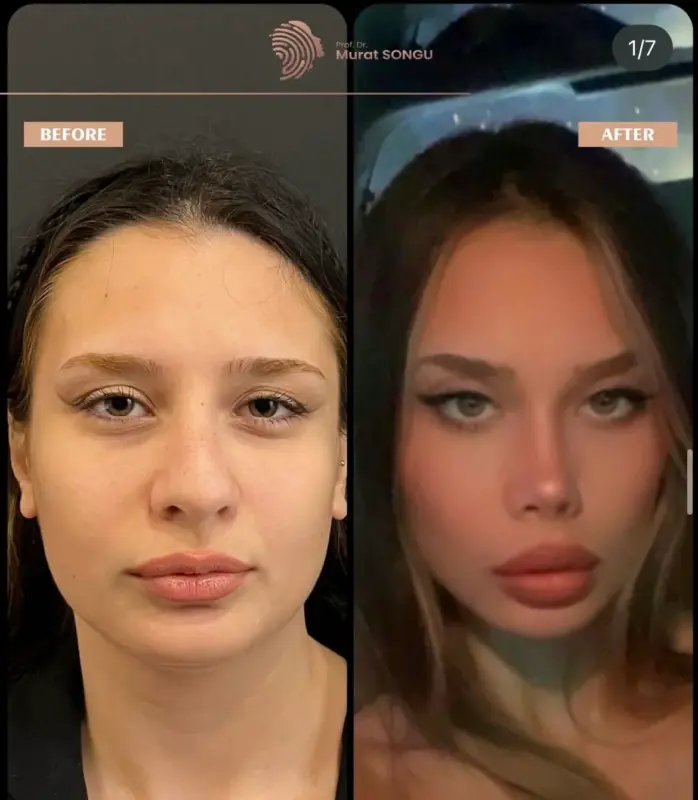 تجميل الأنف الأساسي قبل وبعد مقارنة قبل وبعد لتجميل الأنف لامرأة شابة تُظهر تحولًا في ملامح الوجه، وشكل أنف مُحسّن، وشفاهًا أكثر امتلاءً، وملامح وجه أكثر تحديدًا على يد البروفيسور الدكتور مراد سونغو